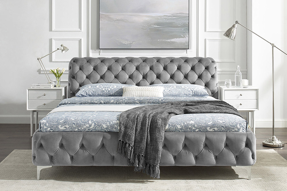 Design Doppelbett MODERN BAROCK 180x200cm grau Samt Chesterfield