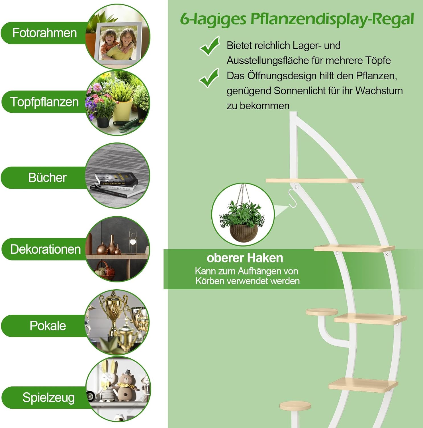 COSTWAY 6-stufiger Metall-Pflanzenständer in Halbmondform, Blumenregal mit 2 kleine Ablagen & oberem Haken, Leiter Pflanzenregal Kippschutz, Blumentopf-Ständer für Garten Balkon Wohnzimmer, Weiß