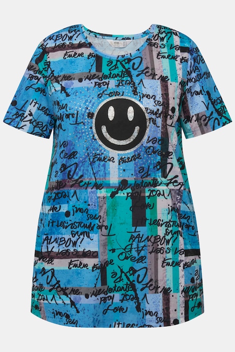 T-Shirt, oversized, Scribble-Muster, Smiley, Rundhals, Halbarm