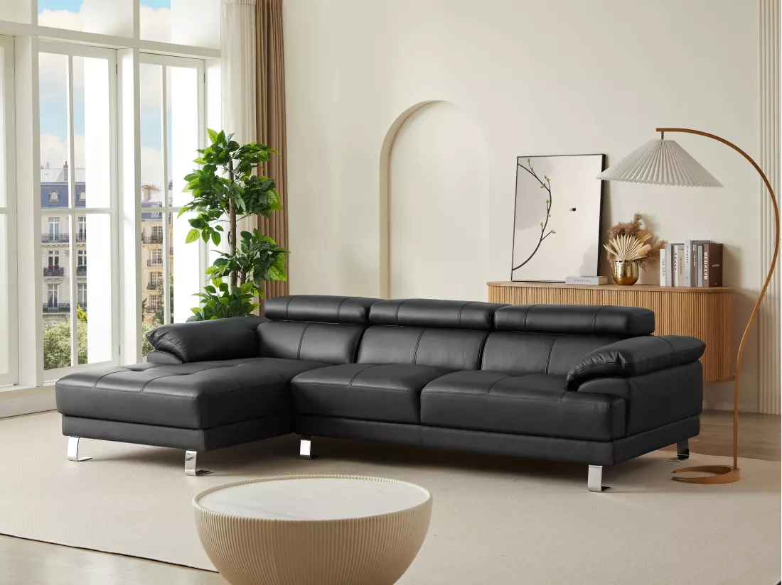 Canapé d'angle gauche en cuir premium noir EXCELSIORA
