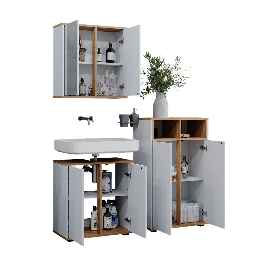 Vicco Badmöbel-Set Didi Weiß Eiche 3 Teile Midischrank mit 2 Türen