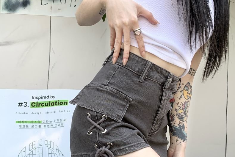 CosmoCorner - Hoge taille gewassen veterbroek van denim