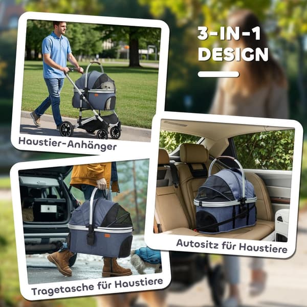 Hundevogn 3 i 1 hundevogn sammenleggbar for hunder og katter opptil 10 kg kattevogn med pute koppholder mesh vinduer dører oppbevaringskurv kattevogn