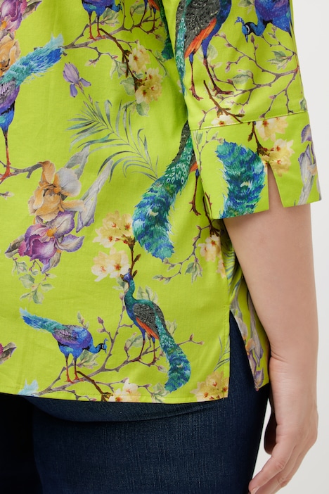 Bluse, Pfauen, Stehkragen, V-Ausschnitt, 3/4-Arm