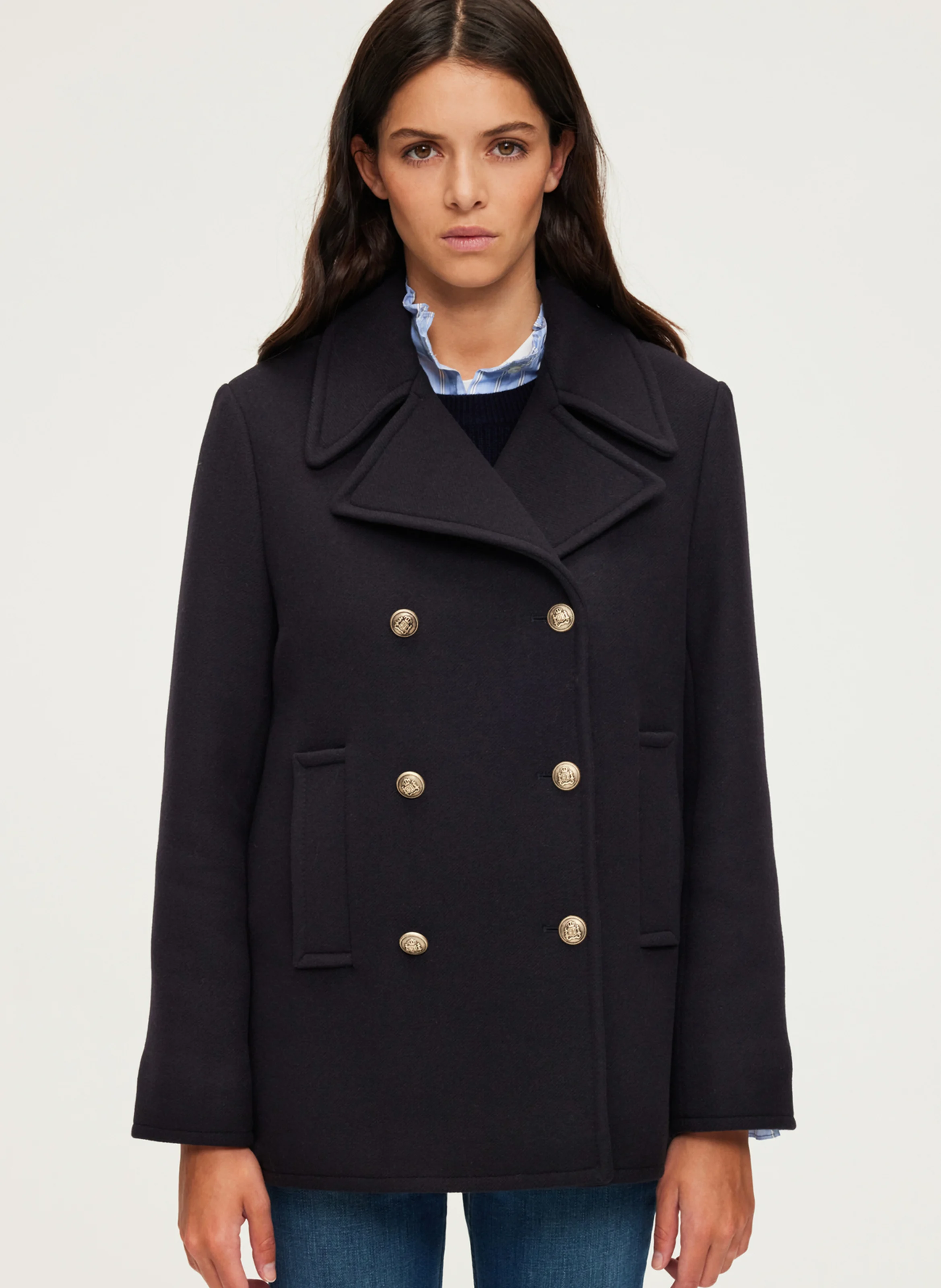 LILAS - Manteau col tailleur en laine mélangée | Bleu