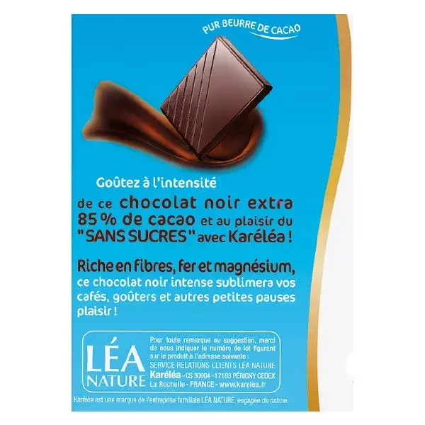 Barra de chocolate Karéléa sem açúcar, chocolate amargo 85% cacau, 100g