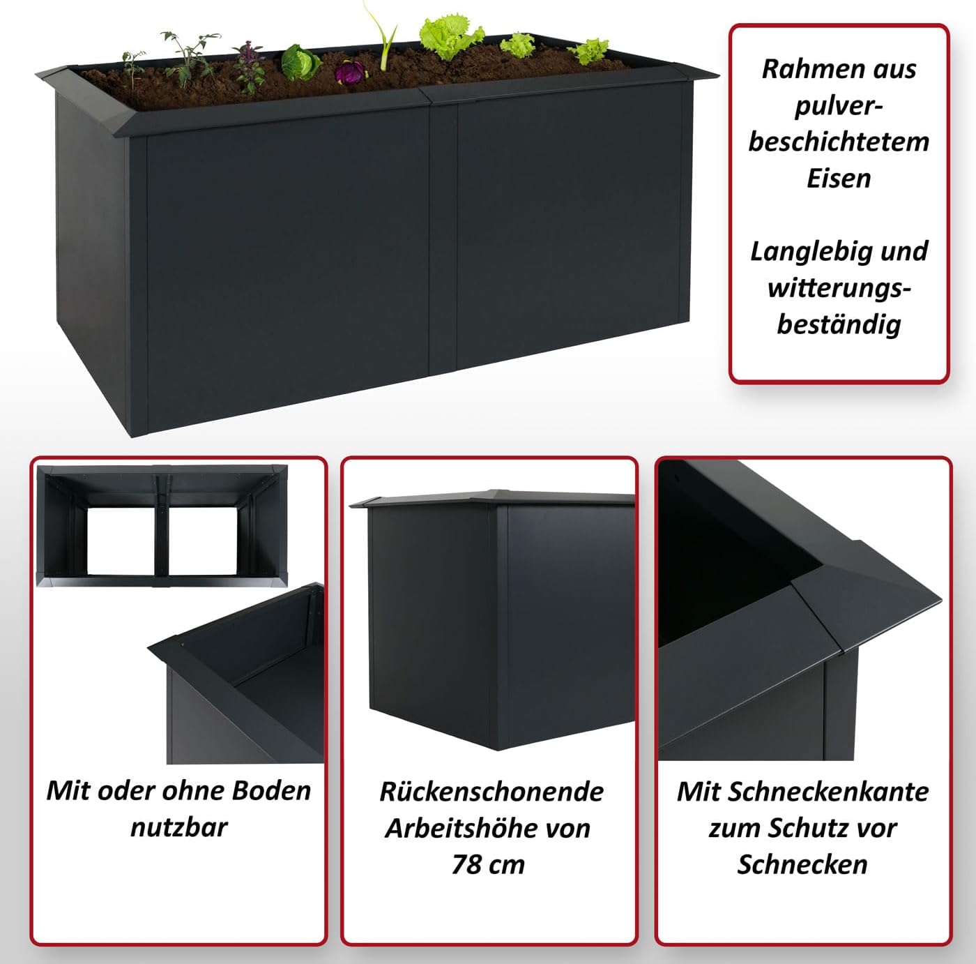 Hochbeet HWC-N24, Metallhochbeet Gemüsebeet Blumenkasten Pflanzkübel, Schneckenkante 78x170x90cm Eisen 52kg, anthrazit