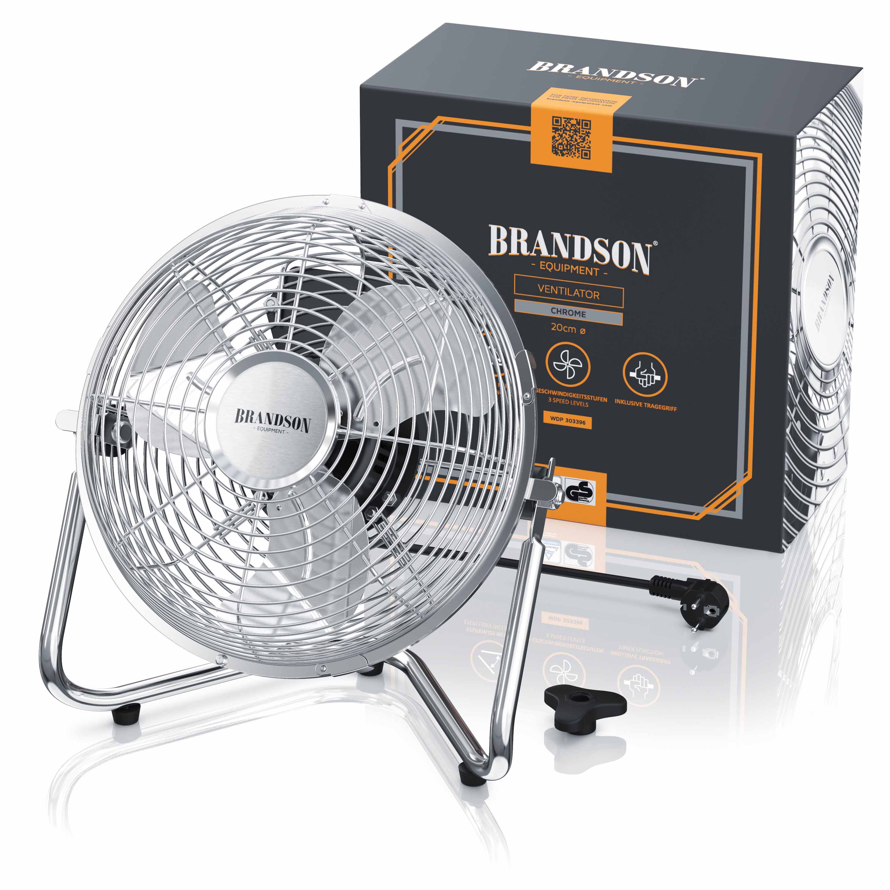 Brandson Retro Bodenventilator 32W, Windmaschine im Chrom Design, Ventilator, 3 Geschwindigkeitsstufen, Standventilator, Tischventilator