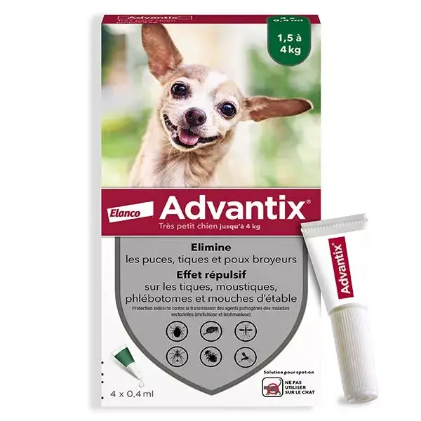 Solução Advantix para tratamento de pulgas e carrapatos em cães de raças muito pequenas (1,5-4 kg) - 4 pipetas