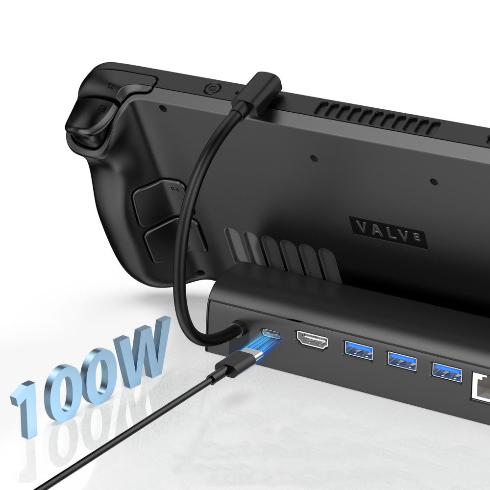 Steam Deck / OLED Dockingstation Ladegerät Charging Dock Stand mit HDMI 4K@60Hz / USB C PD 100W / LAN / 3x USB A 3.1 - Schwarz