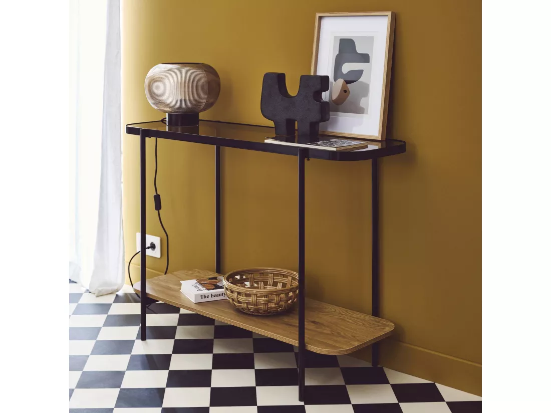 Console vintage en métal noir avec 2 plateaux (verre et décor bois). bords arrondis