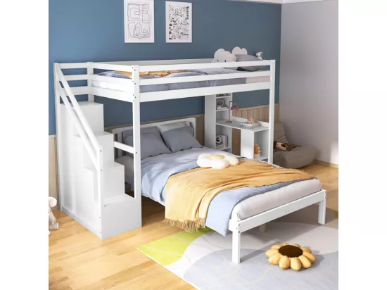 Lit superposé 90x200 cm + 120x200 cm - avec escalier de rangement et étagères de rangement - Pin et MDF - Blanc
