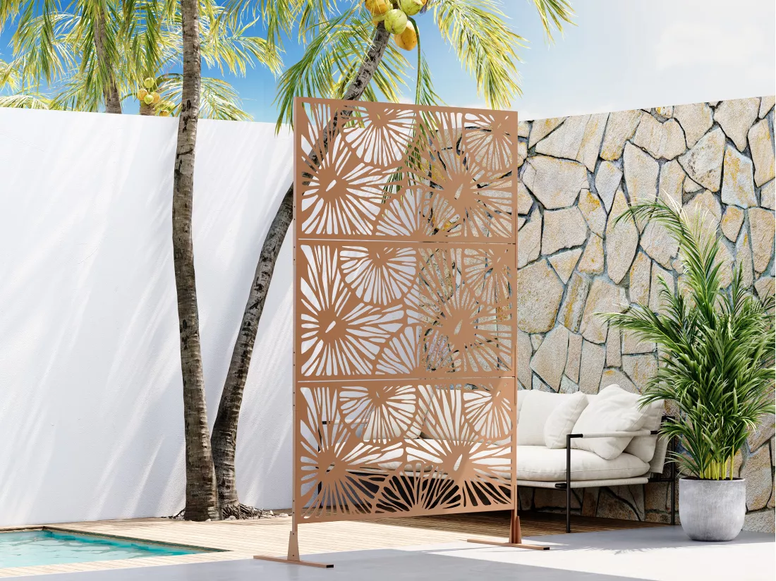 Paravent d'extérieur design floral ajouré en métal - L116 x H188 cm - Terracotta - VENGY