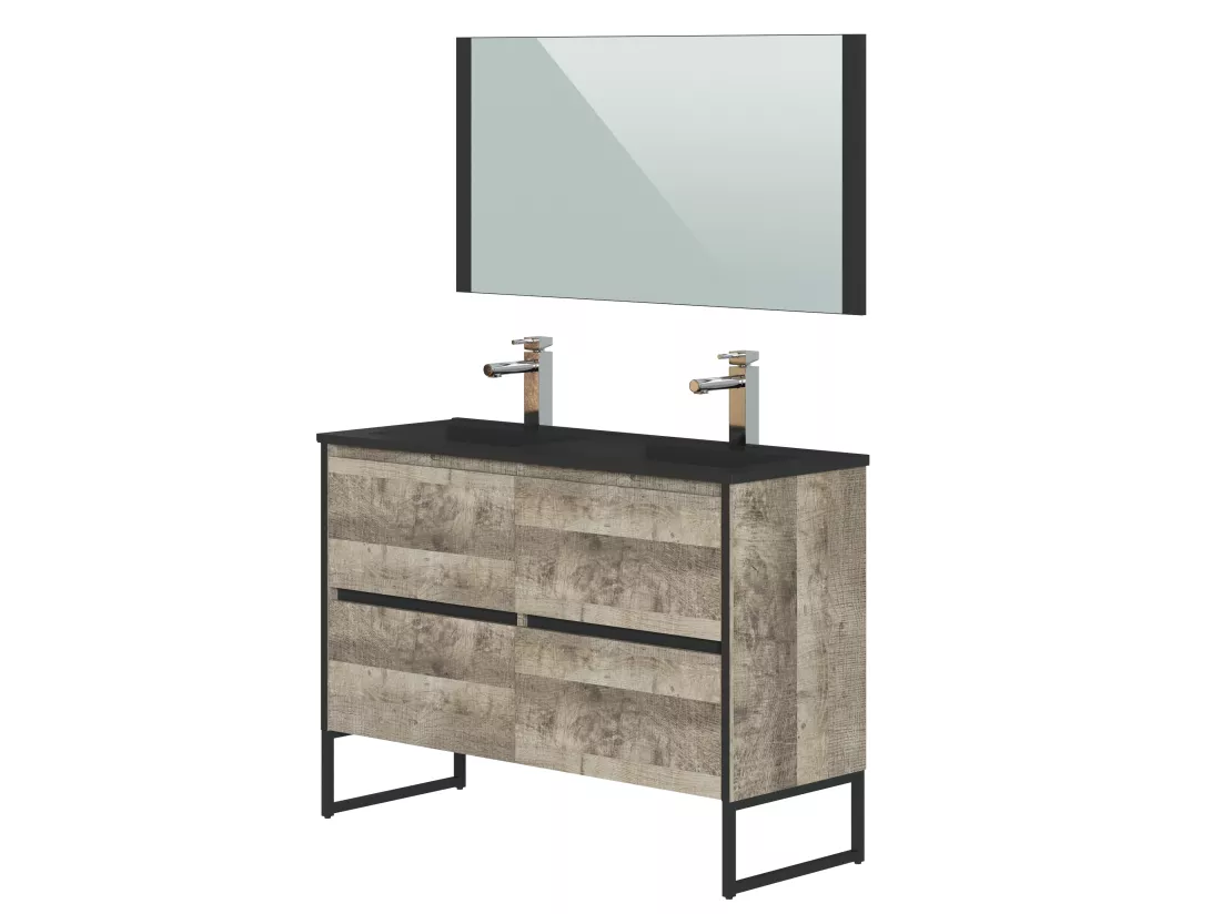 Meuble de Salle de Bain 120 cm coloris bois latté et noir - Longueur 122 x Profondeur 46 x Hauteur 87,5 cm