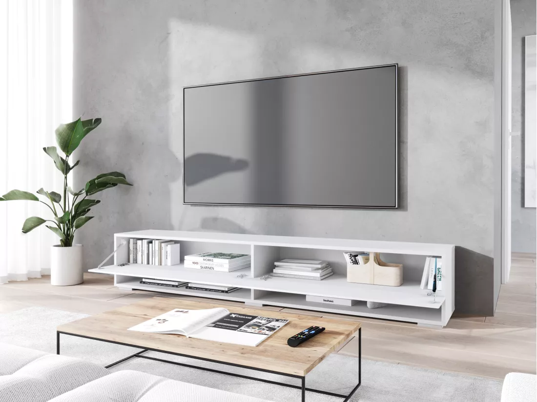 Meuble TV - 180 cm - blanc avec façade à motif ondulé - sans LED - WANDER