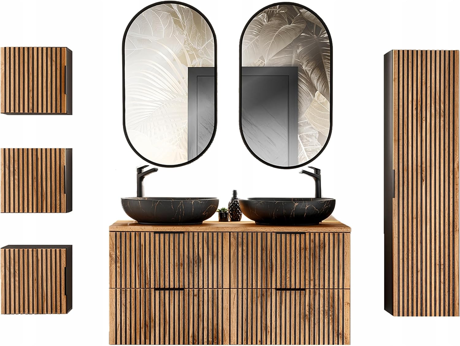 Set XO Schwarz Eiche Wotan: Unterschrank 120 cm mit 2 Schubladen + 35x140 cm Seitenschrank Hängeschrank Badschrank Badezimmerschrank Soft-Close Badmöbel-Set Geriffelte Fronten