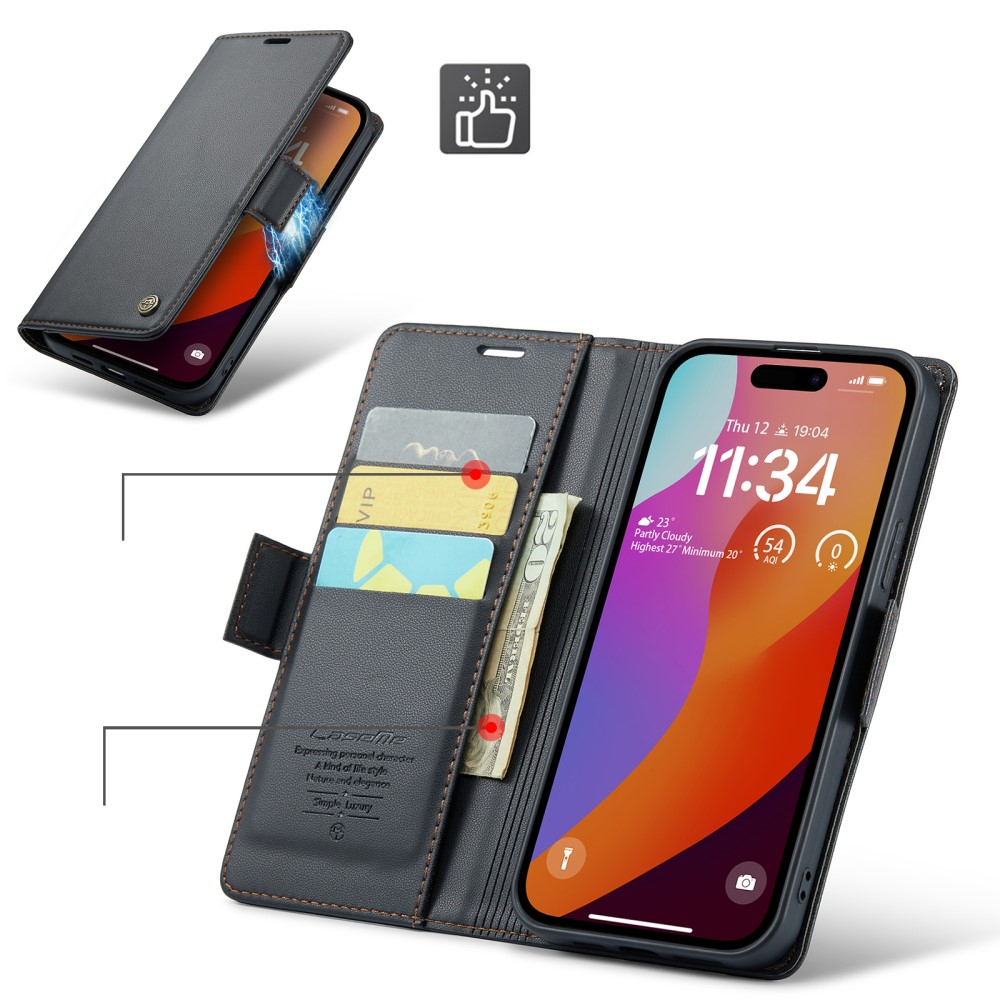 iPhone 16 Pro Max Leder Tasche Flip Wallet Etui mit Kartenfächern Litchi Look (RFID Schutz) - Schwarz