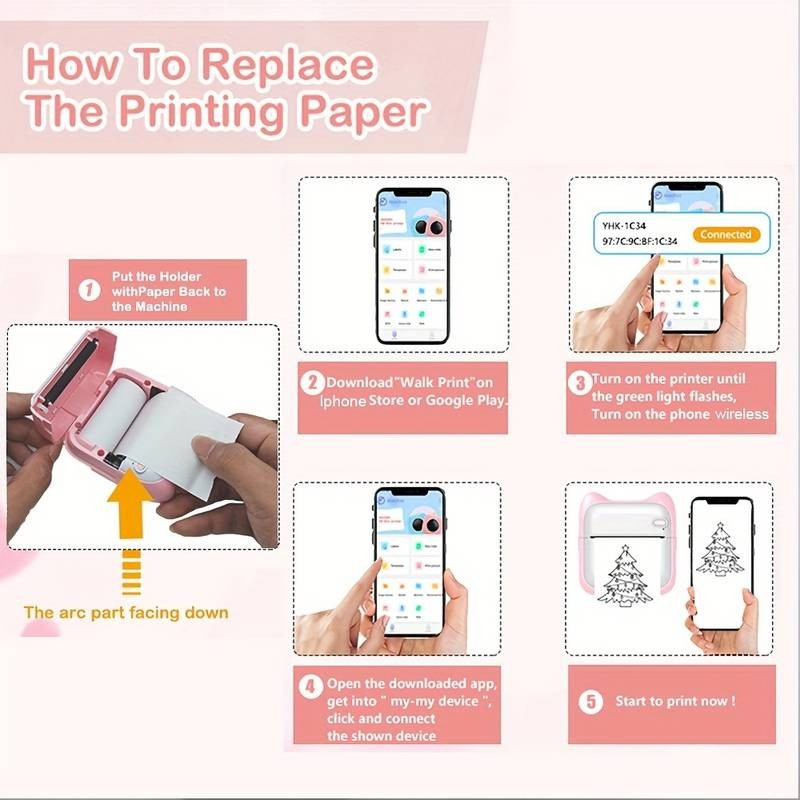 Mini Foto Thermodrucker Mobiler Bluetooth Printer Taschendrucker inkl. Thermopapier (iOS/Android) - Rosa
