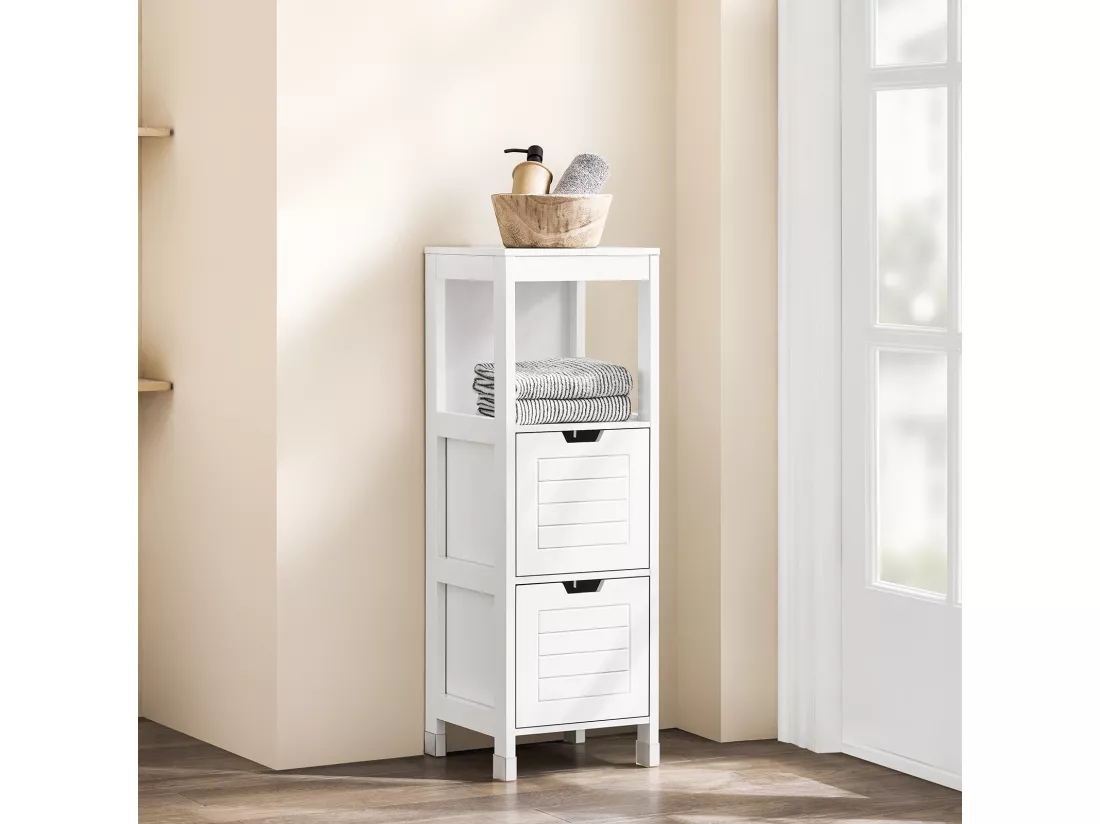 Meuble Colonne Meuble Bas de Salle de Bain Armoire Toilette – 1 étage et 2 tiroirs, FRG127-W