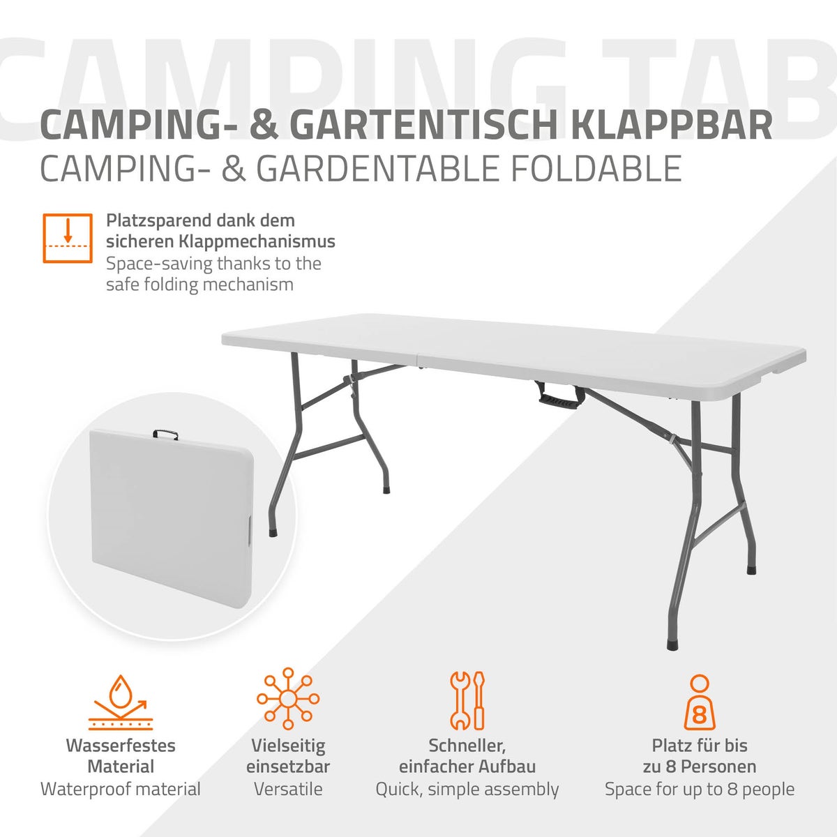 ML-Design Opvouwbare Campingtafel, Wit, 180x74 cm, Kunststof, Opvouwbare Tafel met Draaggreep, Opvouwbare Tafel voor Tuin, Terras, Balkon, Tuintafel voor 6 Personen, Buffettafel, Feesttafel, Koffertafel, Rommelmarkttafel