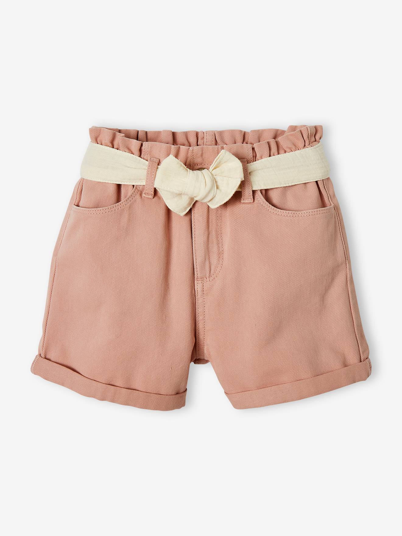 Shorts estilo paperbag com cinto de chiffon de algodão para meninas na cor verde-água