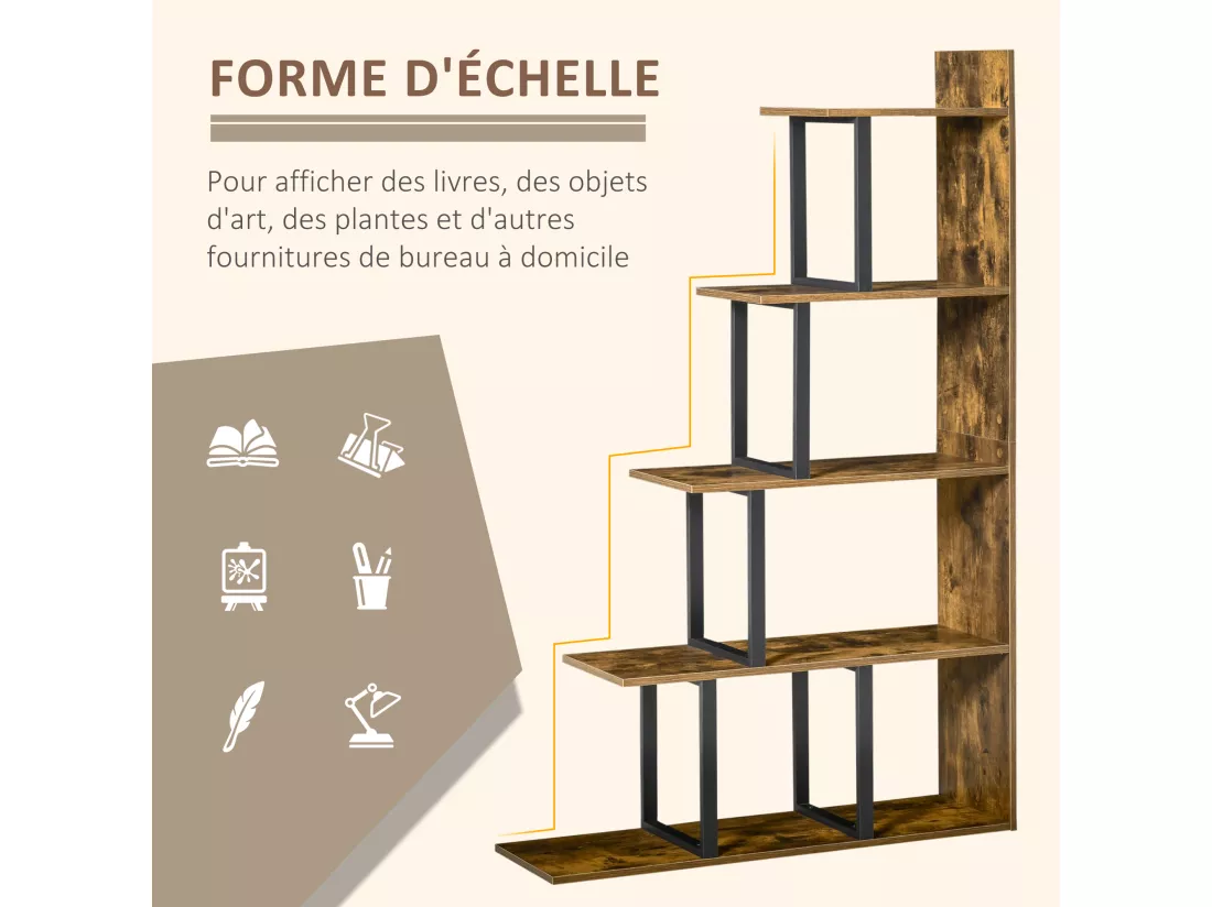 Étagère bibliothèque séparateur de pièce style industriel en escalier 5 étagères dim. 102L x 30l x 160H cm acier noir panneaux particules aspect vieux bois chêne