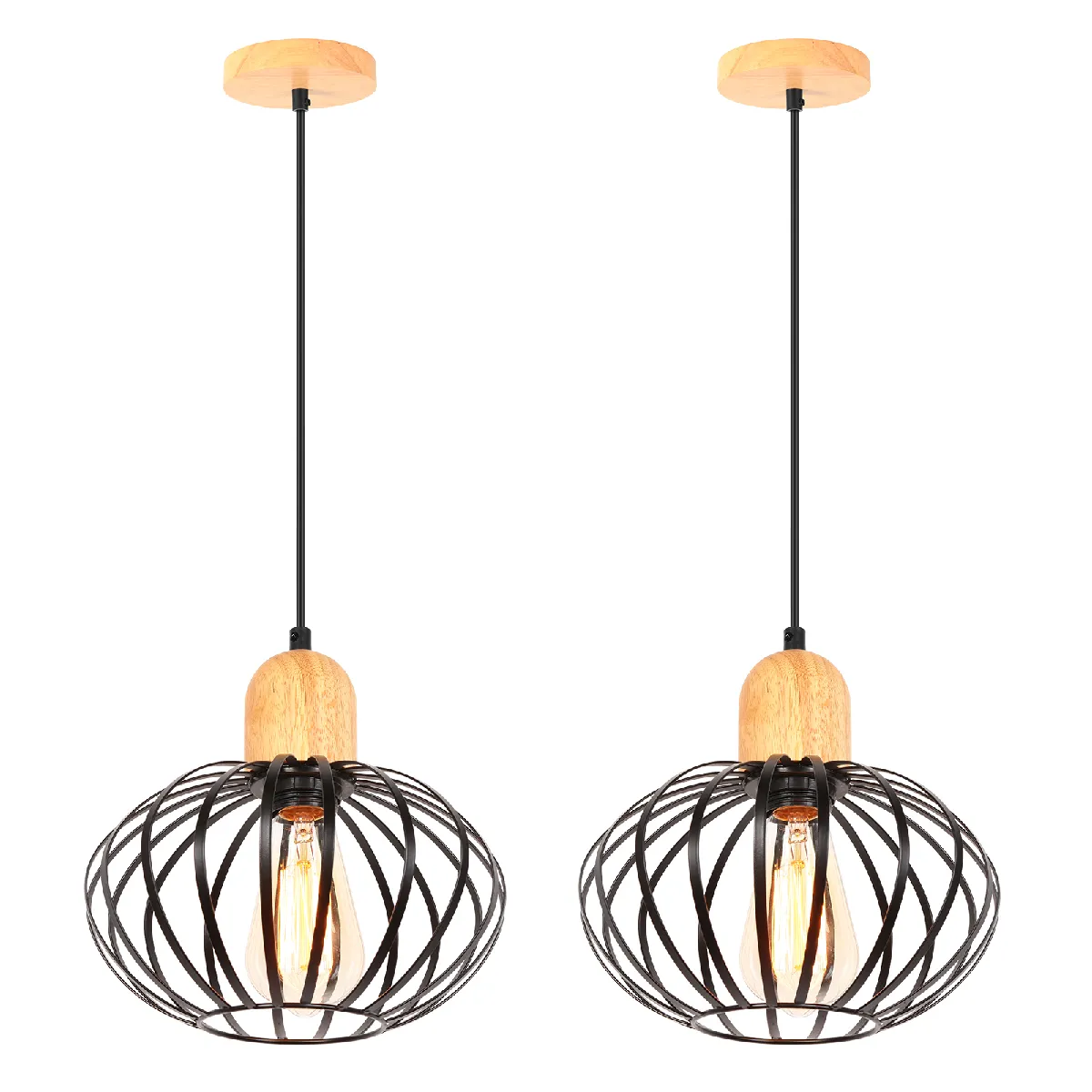 Stoex Lot De 2 Suspension Luminaire Rétro Lustre Vintage Suspension Lustre Intérieur (Noir) Plafonnier Rond En Métal Pour Salon Cuisine Chambre E27