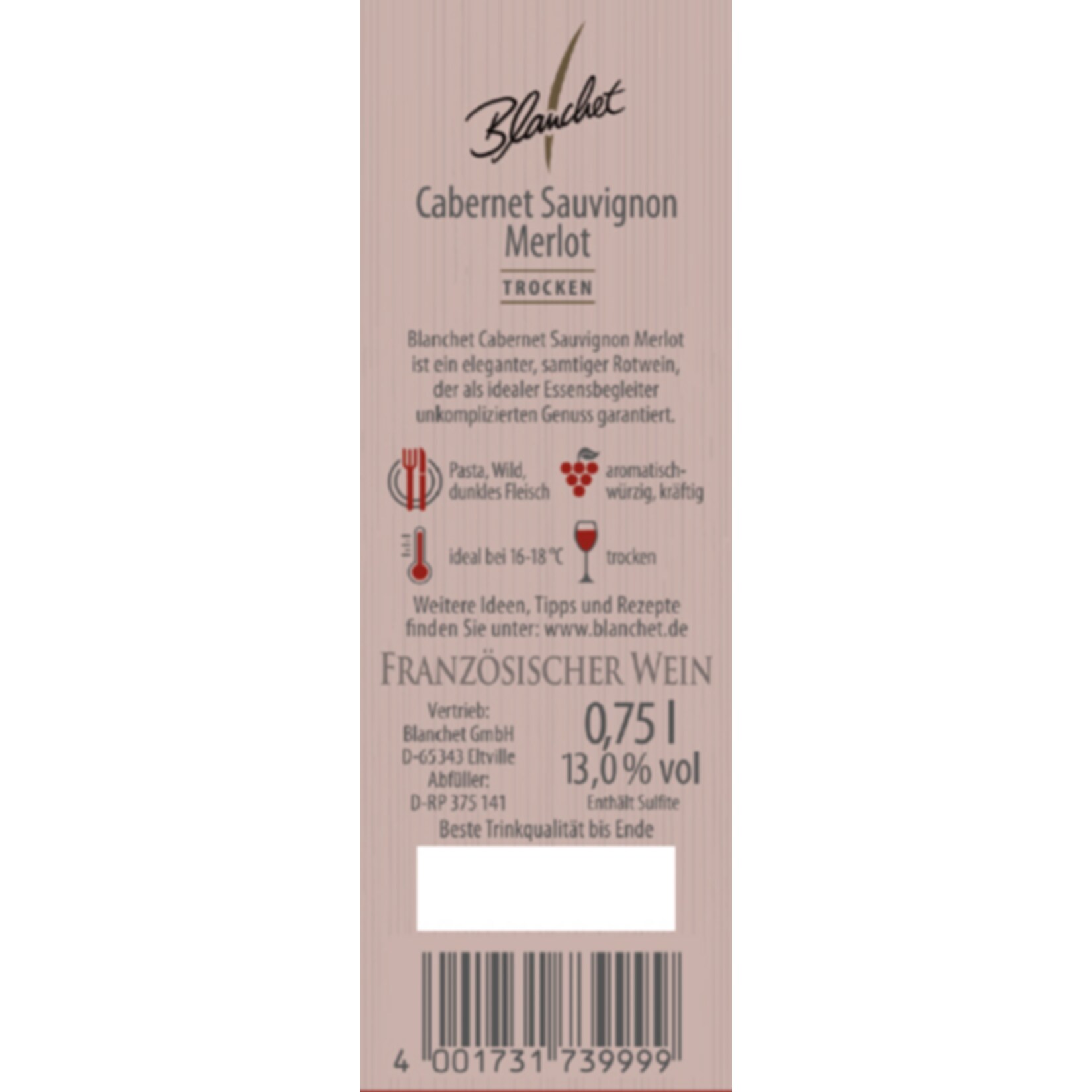 Blanchet Cabernet Sauvignon Merlot trocken Vin de France 12,5 % vol 0,75 Liter