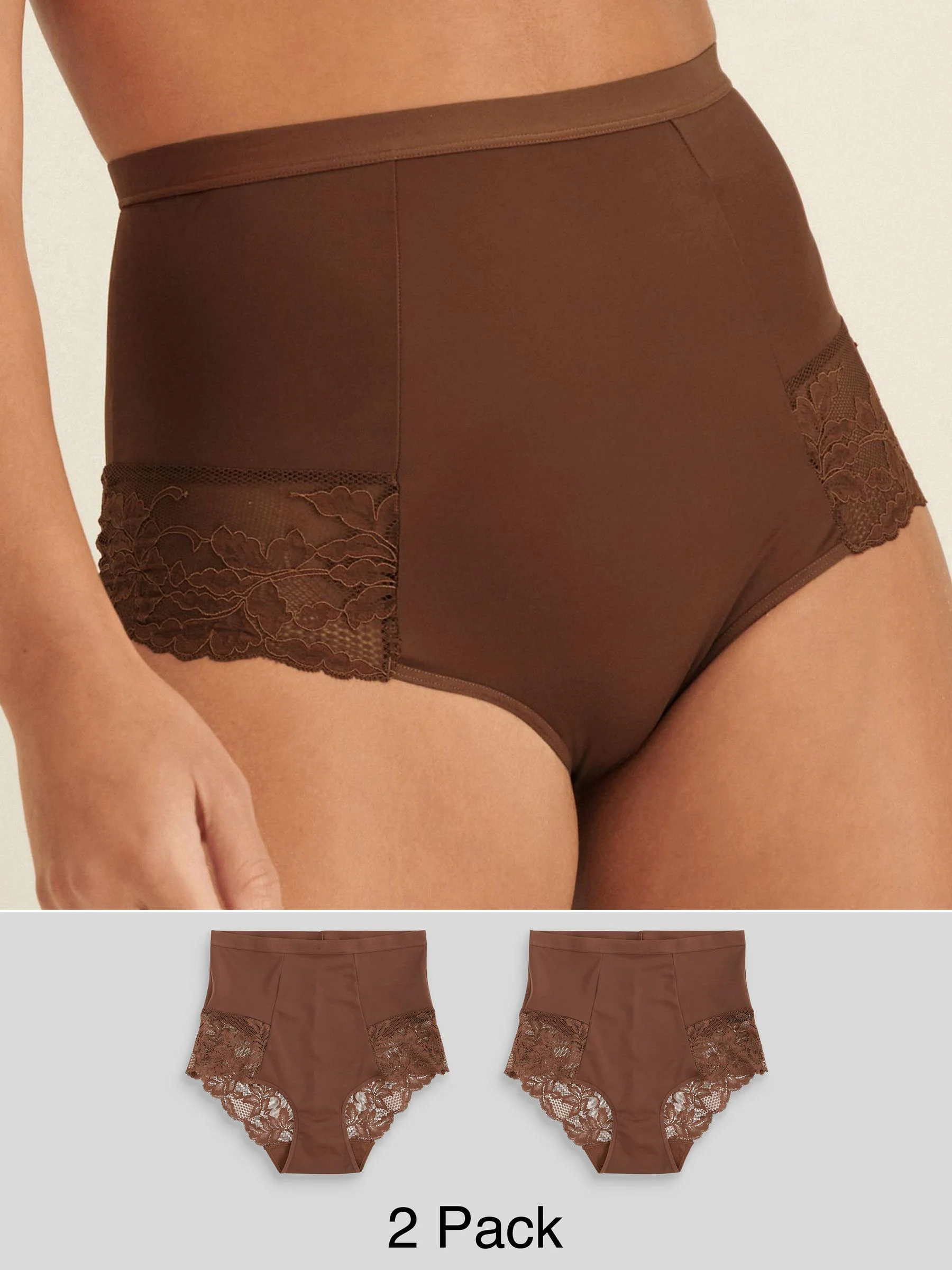 Chocolade nude - Verpakking van 2 Braziliaanse slipjes met kanten achterkant en buikcorrigerend effect en print