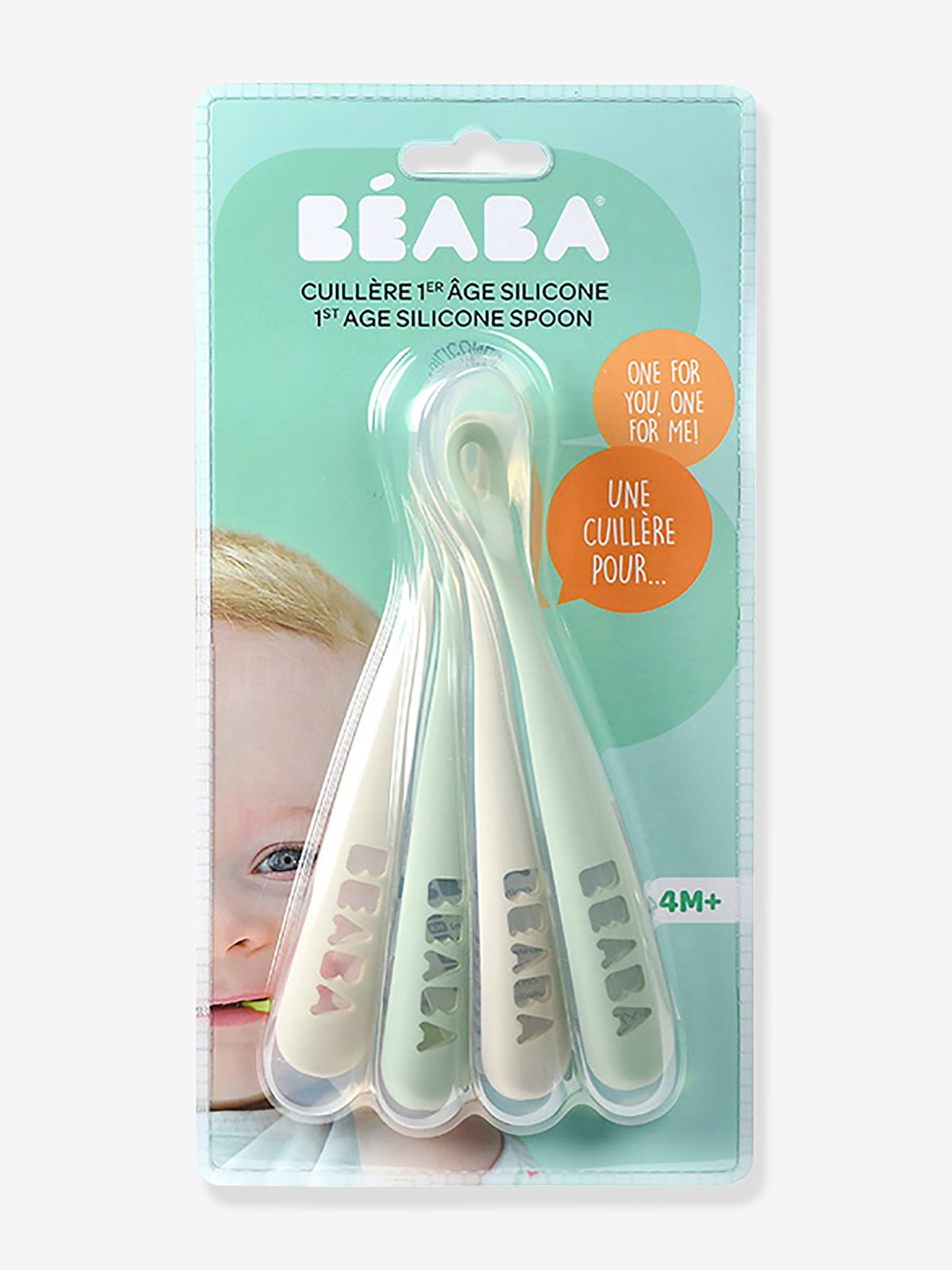 Conjunto de 4 colheres macias BEABA para bebês (1ª idade), sem BPA, cor verde salgueiro.