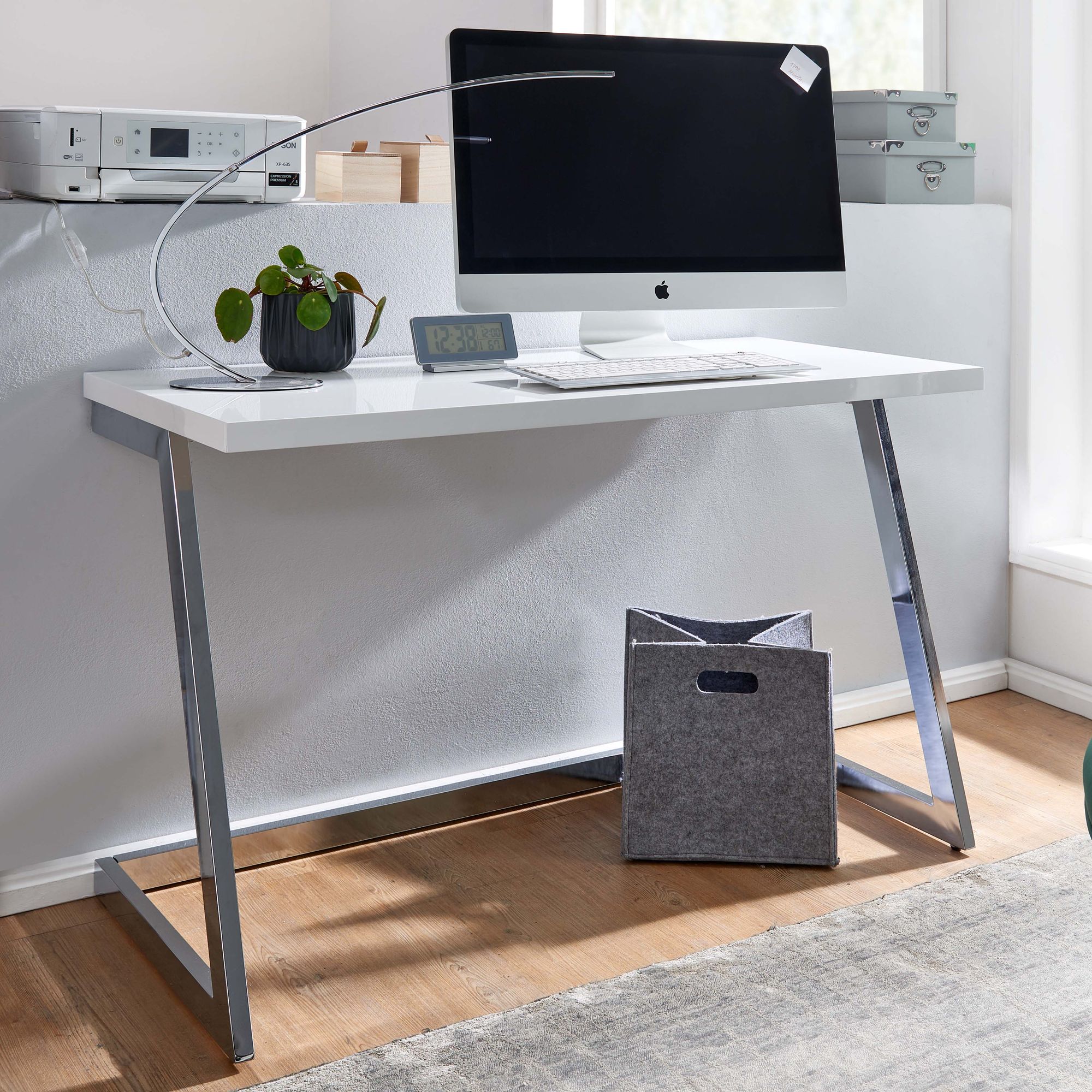 KADIMA DESIGN Schreibtisch SARNOT: Hochglanz-Design, Metallgestell, 120x55x76 cm, Weiß/Gold/Silber.