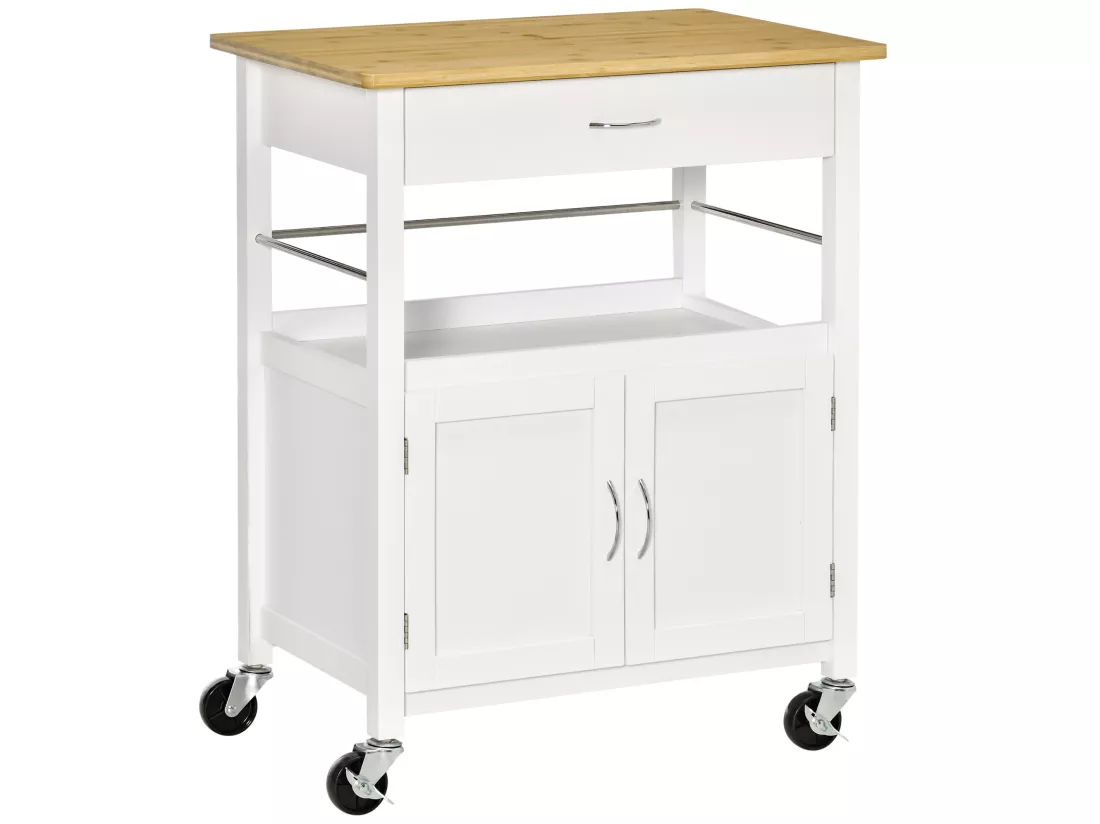 Desserte de cuisine multi-rangements - dim. 73L x 50l x 91H cm - poignées métal MDF blanc plateau bois bambou verni
