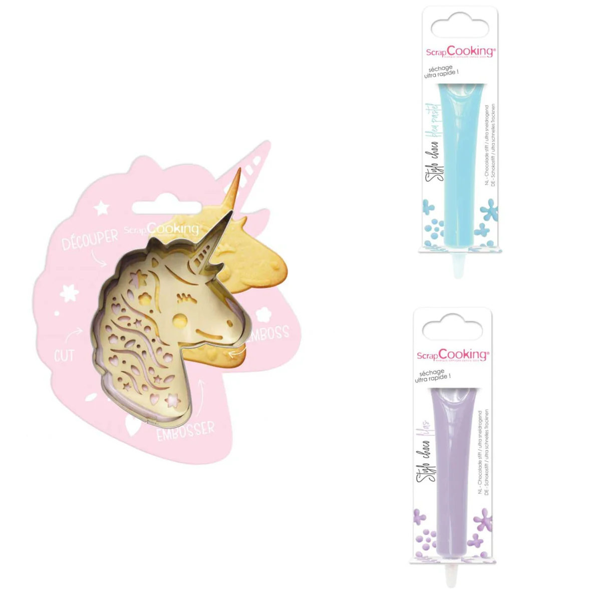 Kit pour biscuit en relief Licorne + 2 Stylos au chocolat bleu pastel
