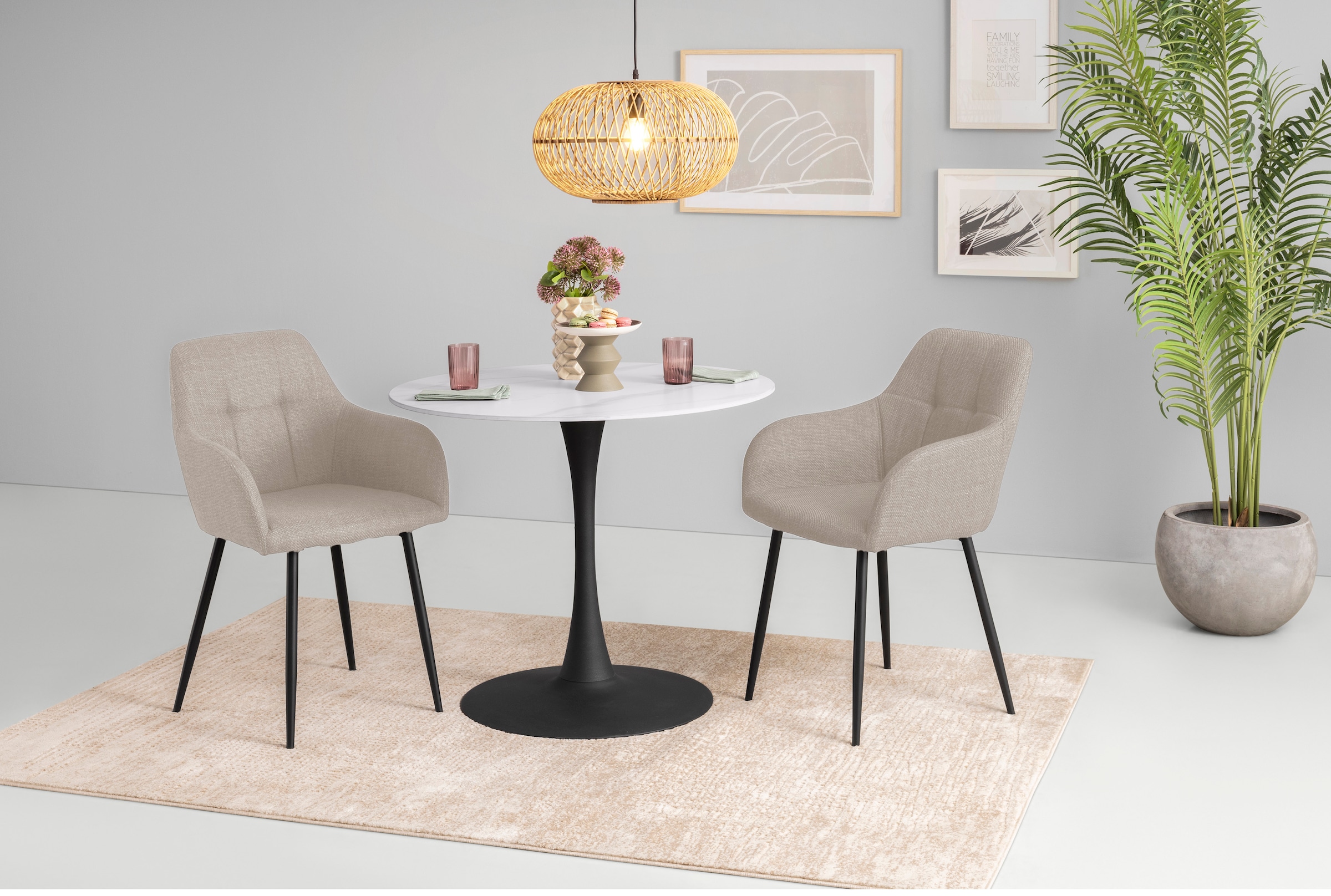 HELA Essgruppe »MOSEL« 3 Stk. tlg. Tisch 90x75 cm, Platte rund, gesinterter Stein, Armlehnenstuhl