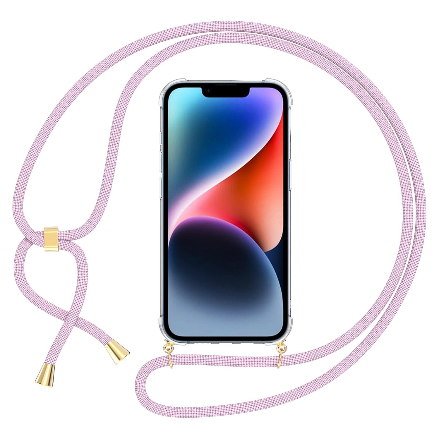iPhone 14 Necklace Gummi Hülle Air Cushion Fallschutz   Handykette (150cm) - Transparent / Roségold