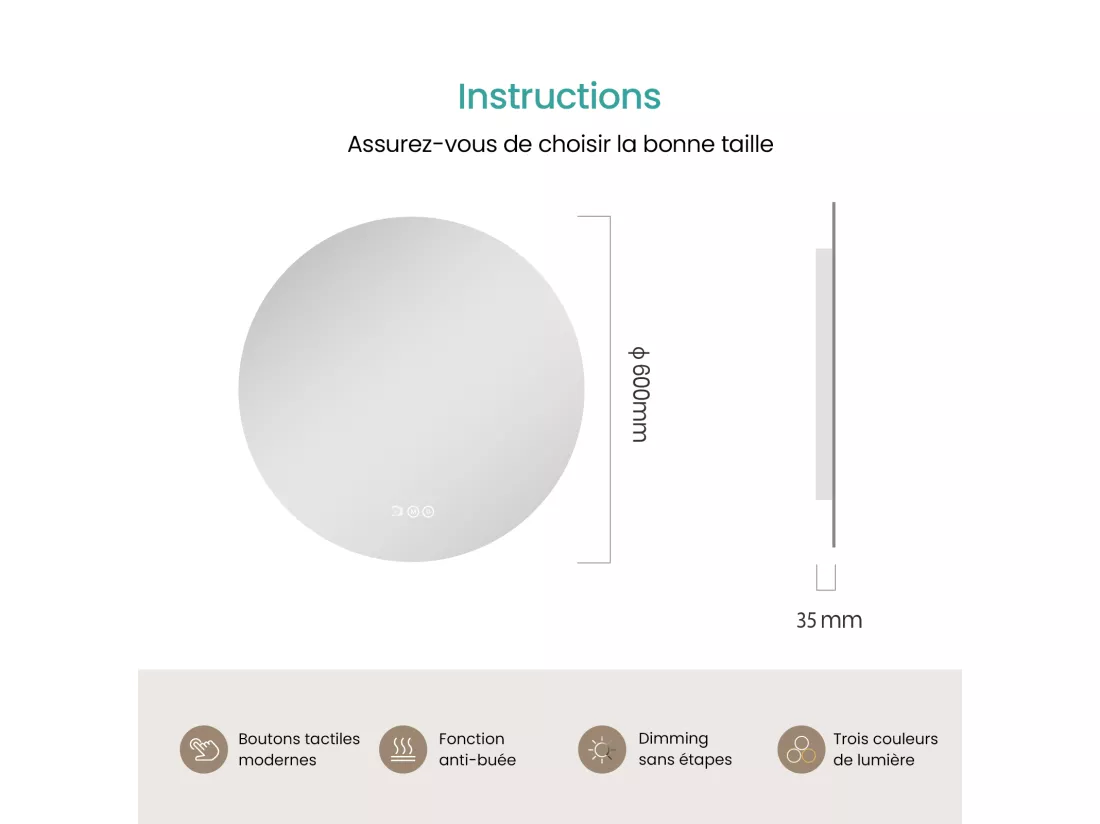 EMKE Miroir lumineux salle de bain rond diamètre 60cm, Miroir LED rétro-éclairage avec Interrupteur Tactile, Anti-buée, Blanche Froide/Neutre/Chaude