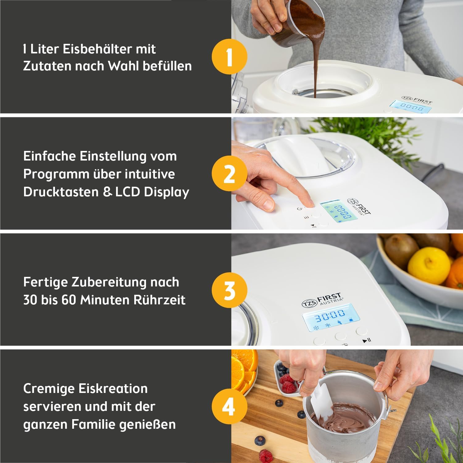 TZS First Austria - Eismaschine 1L mit Kompressor 3 in 1 - Ice Cream Maker 100W selbstkühlend für Frozen Joghurt, Sorbet & Eiscreme - Kleine Speiseeismaschine inkl. Messbecher & Spatel - weiß