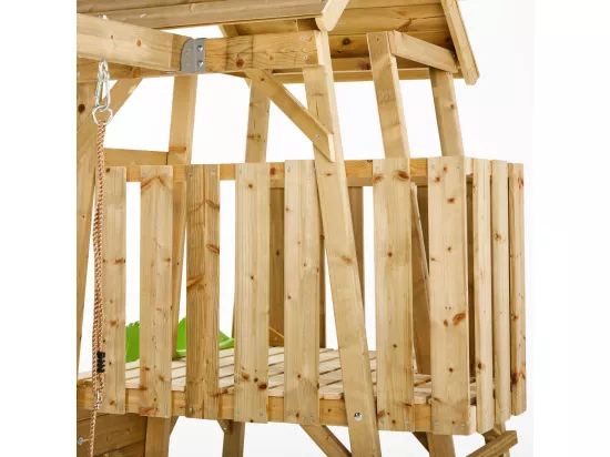 KANGUI Aire de jeux portique en bois WOODI - Double balançoire et nid Ø100cm, toboggan, mur d'escalade, cabane, échelle