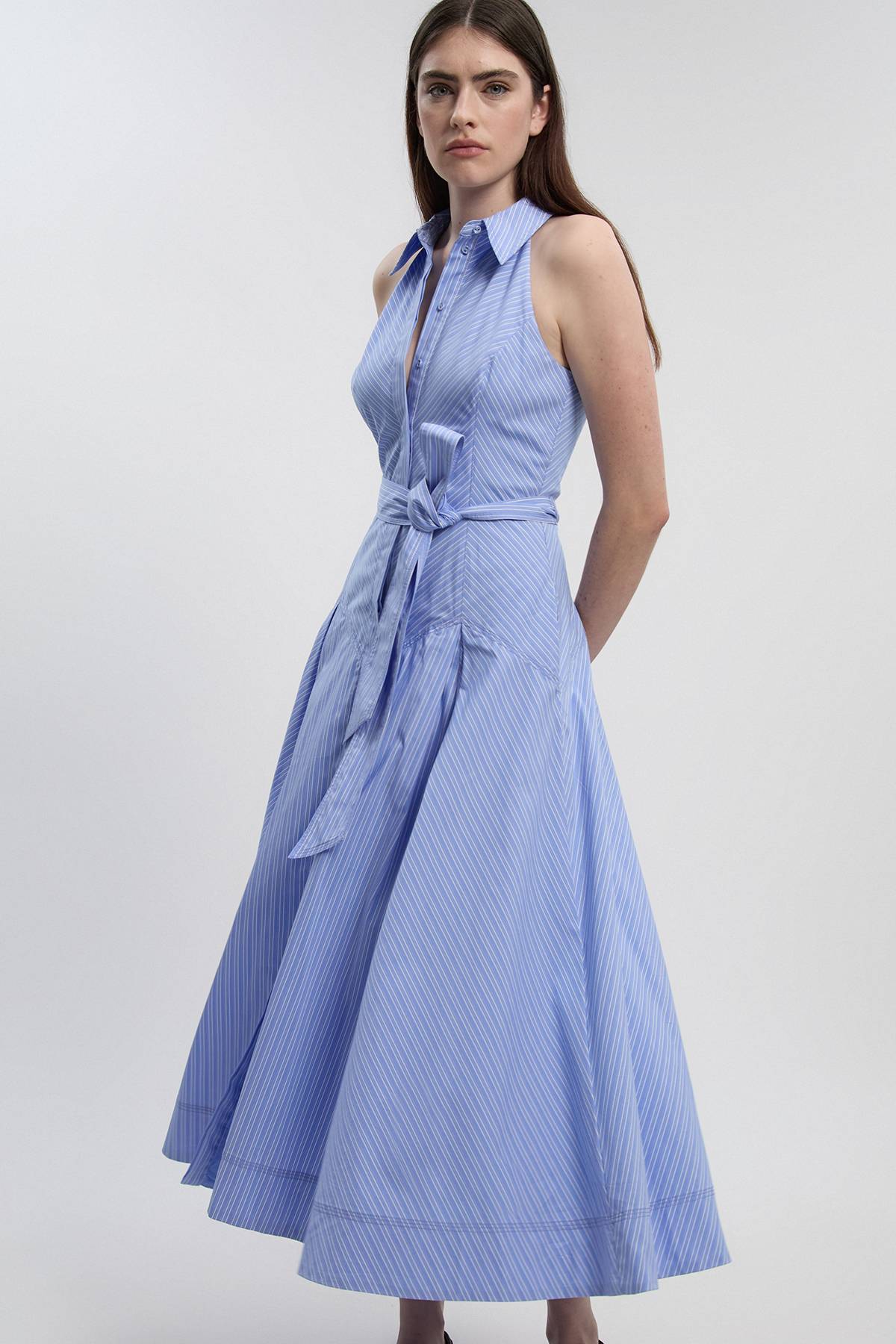 KarenMillen Robe Chemise Midi en Coton Rayé à Col Halter et Taille Basse