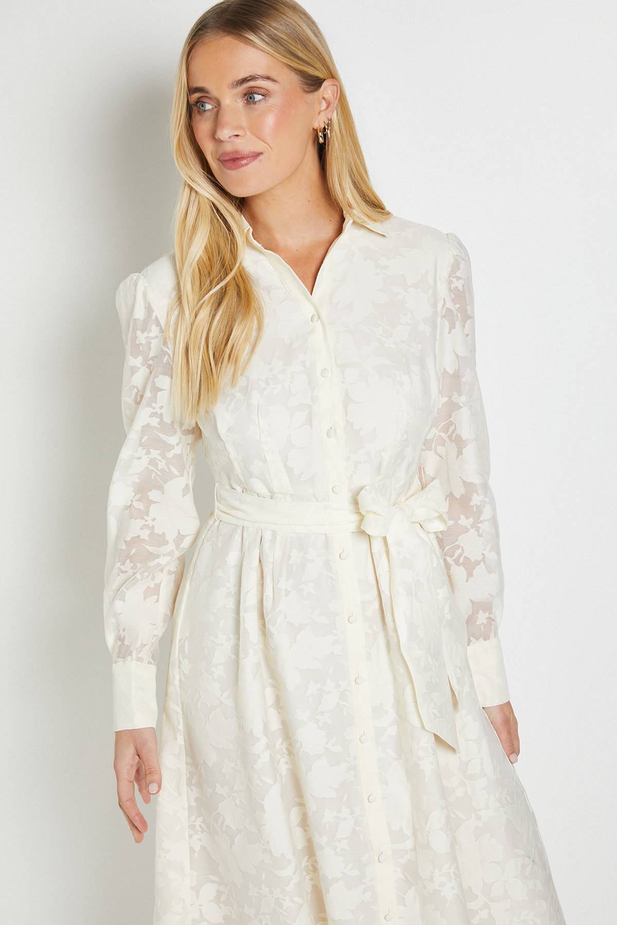 Wallis Robe Midi Ceinturée en Organza Fleuri Petite Taille