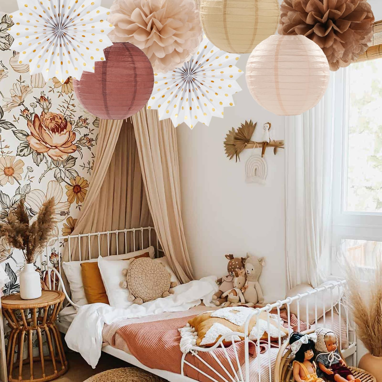 (14-tlg. Set) Papier Lampion Pompon's Deko Fächer Rosetten Party / Geburtstag / Hochzeit - Beige / Gold / Braun