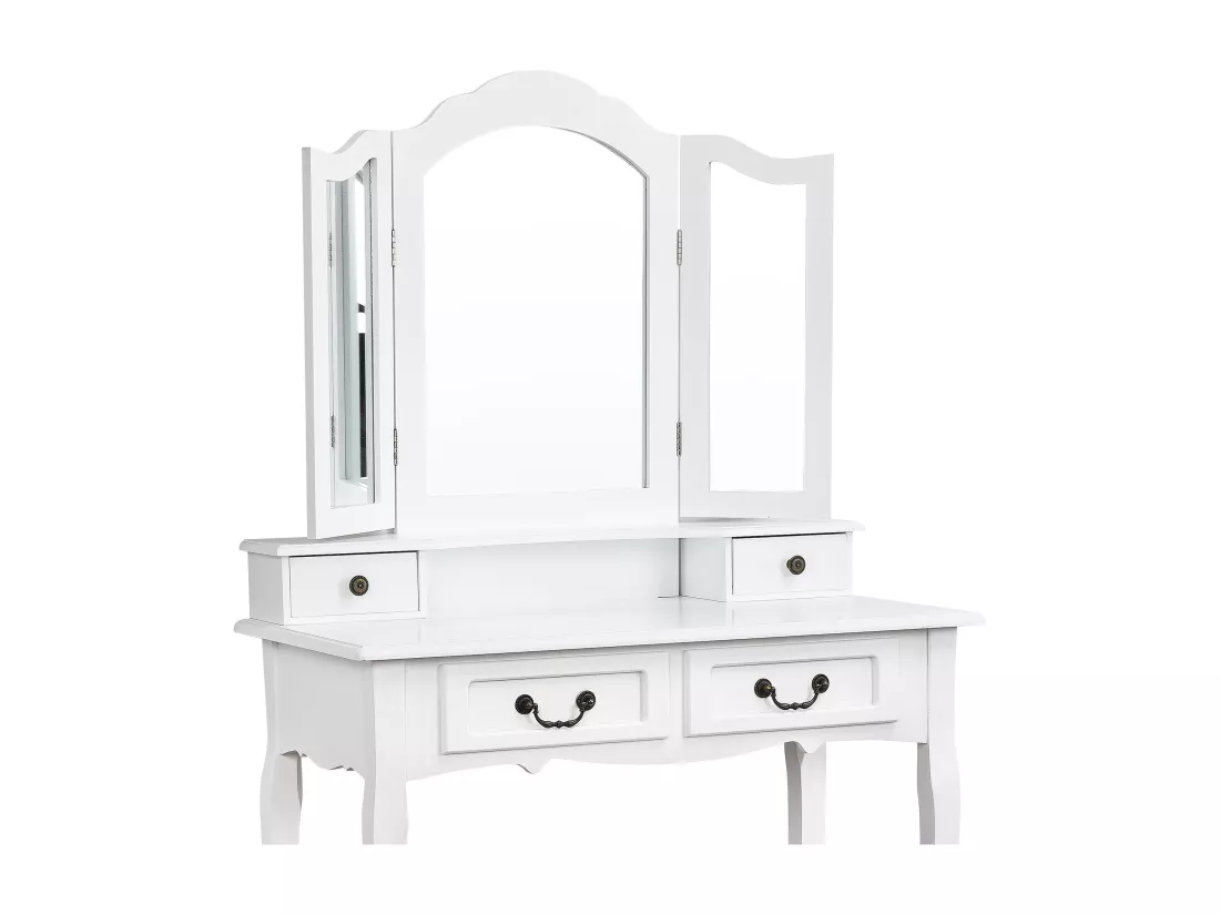 Coiffeuse multifonctionnelle + tabouret, trois miroirs, avec quatre tiroirs, MDF, blanc