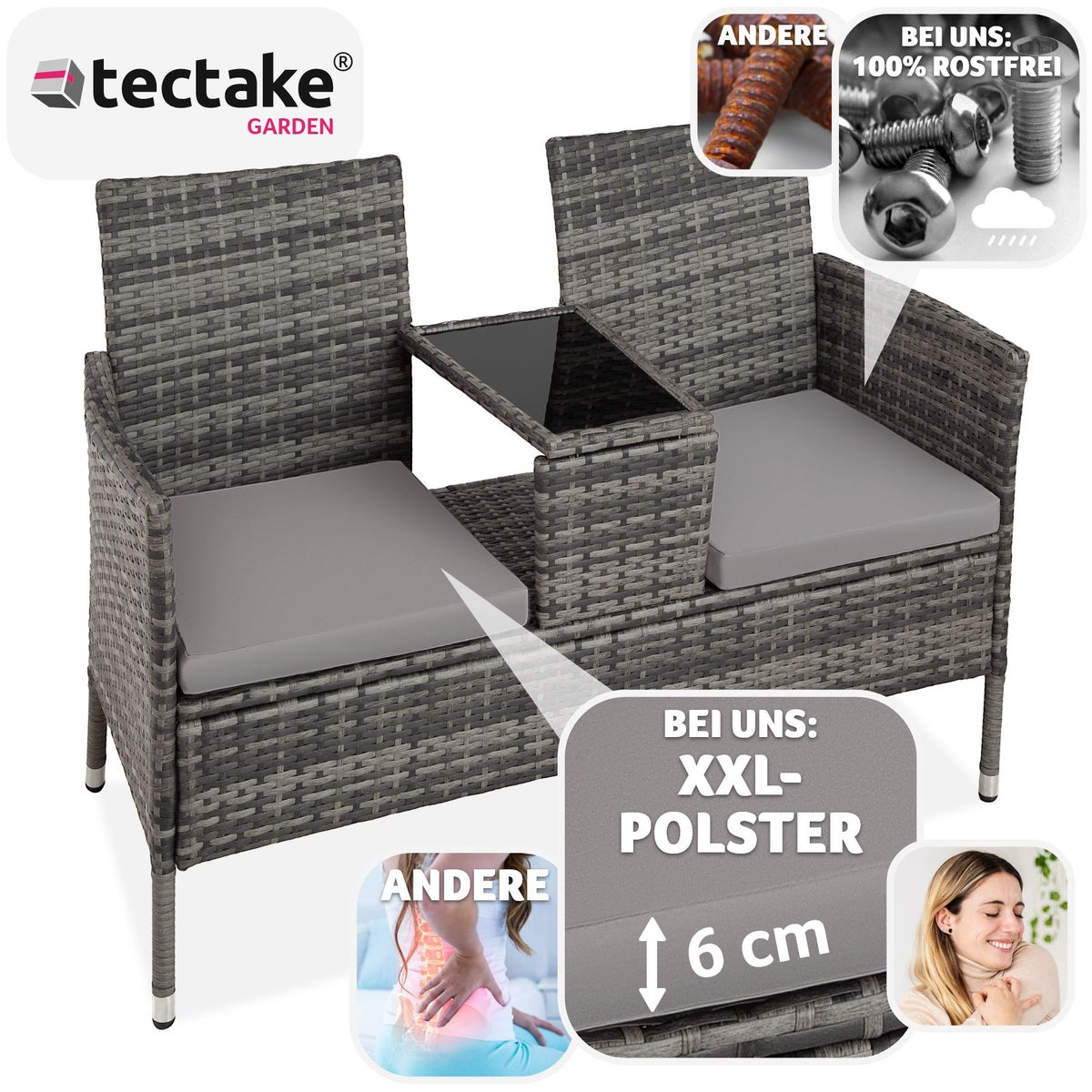 Rotan tuinbank tectake Narbonne 2-zits 131 x 59 x 82 cm