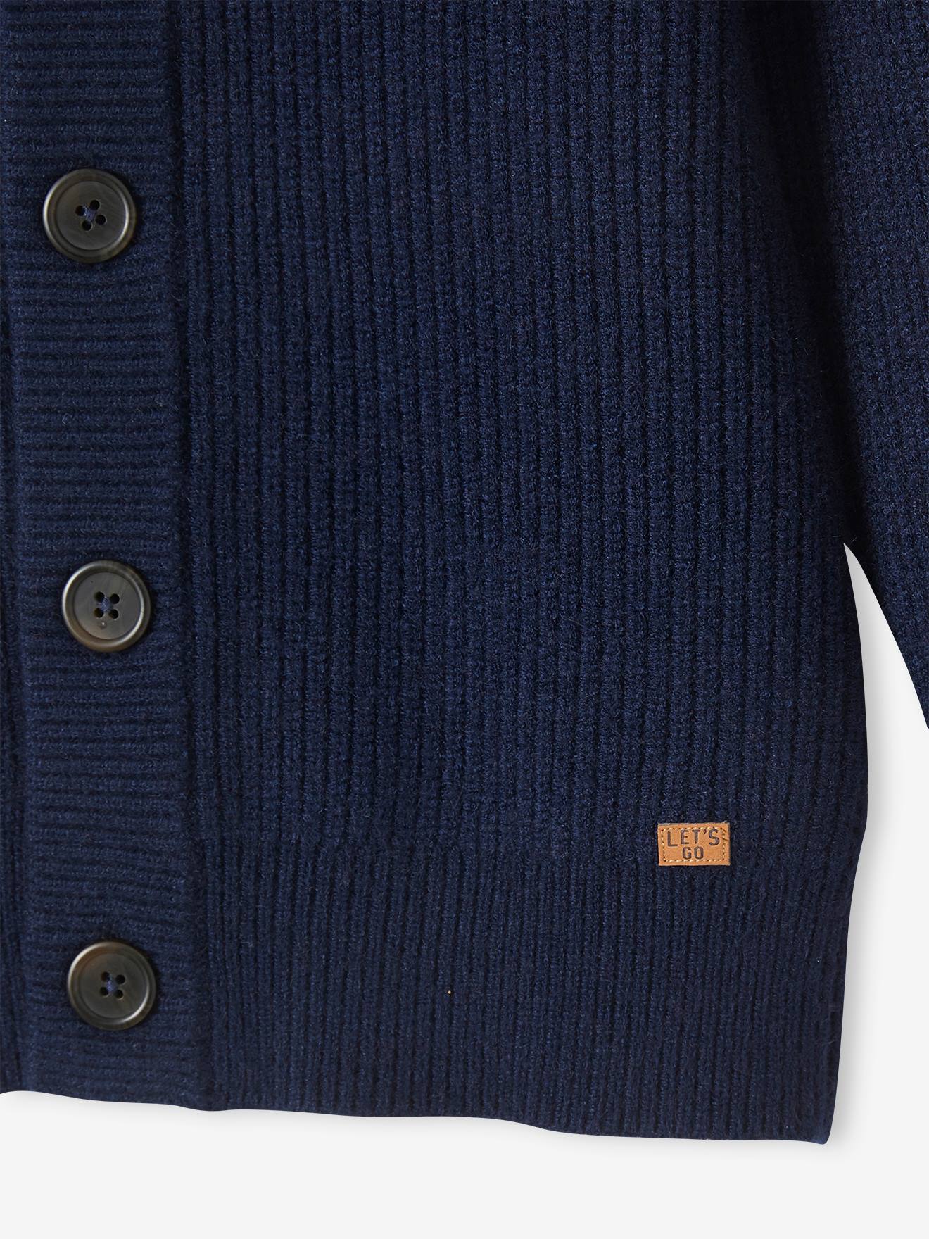Jaqueta lisa azul-escura de malha pérola para meninos com estampas.
