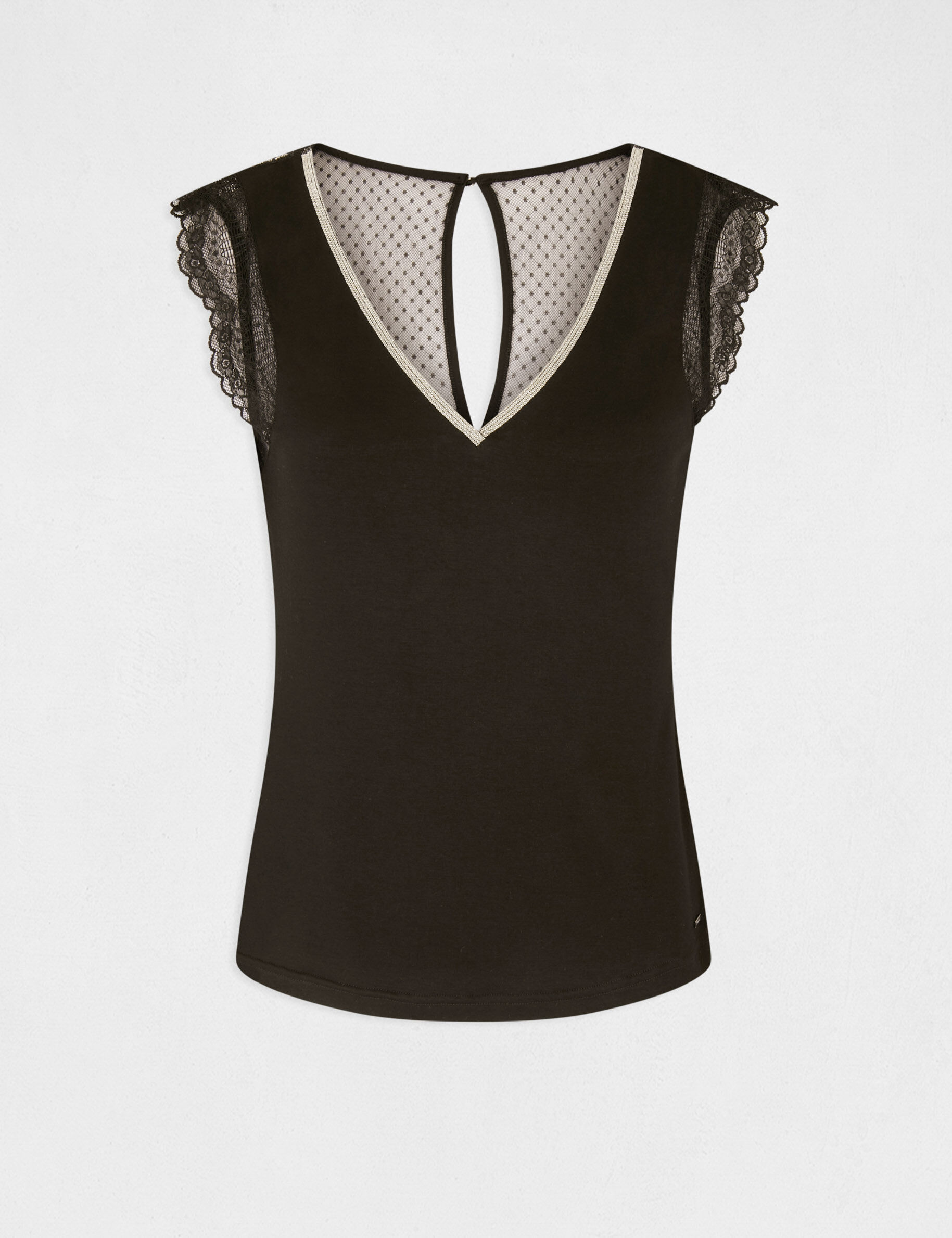 T-shirt manches courtes avec dentelle noir femme - noir