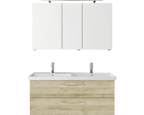 3-delige badkamermeubelset Pelipal serie 4035 BxHxD 120 x 200 x 45 cm, frontkleur eiken riviera, met keramische wastafel in wit en keramische dubbele wastafel, wastafelmeubel, spiegelkast met LED-verlichting, greep chroom hoogglans 40351200111470