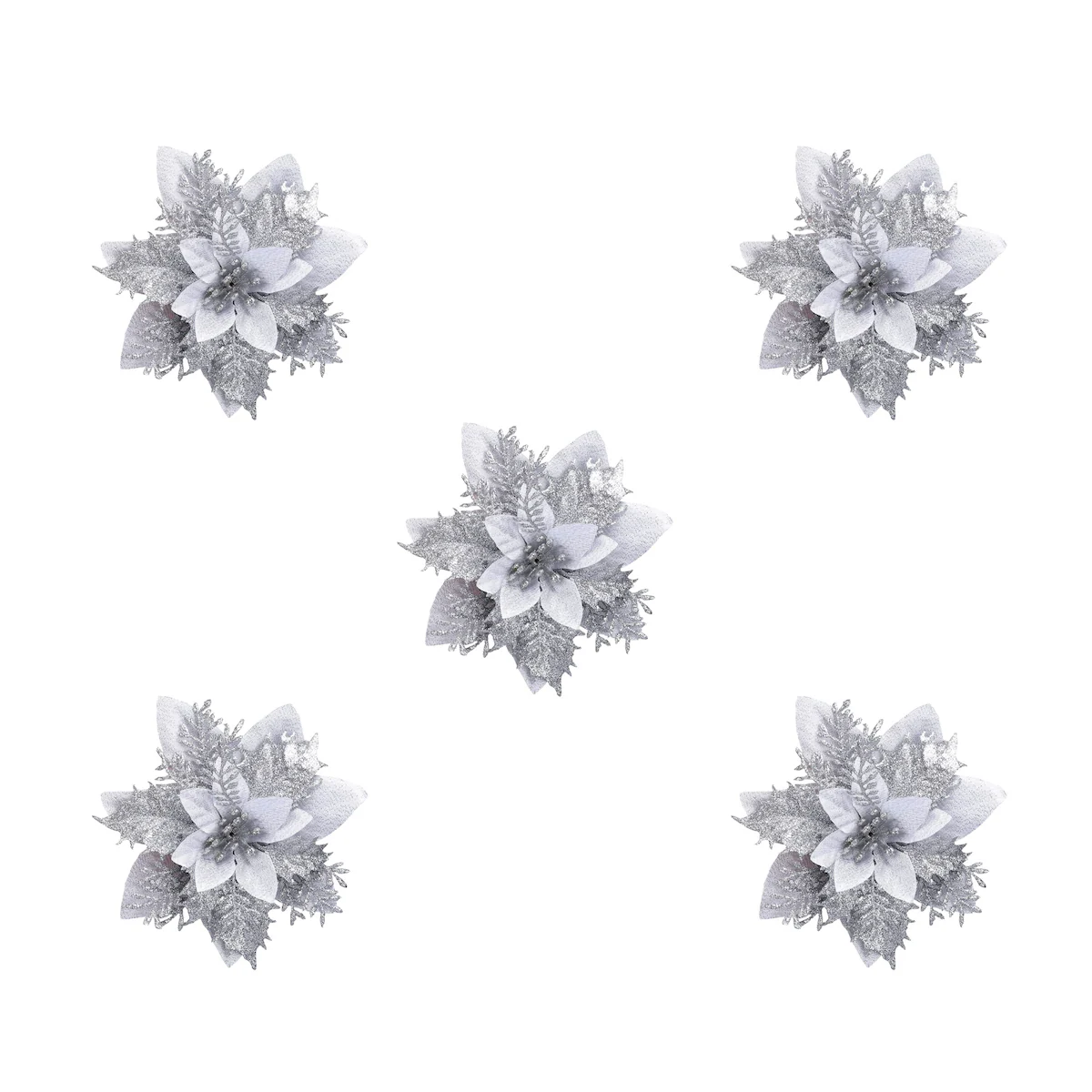 Kunstige juleblomster sølv 5-pack julepynt