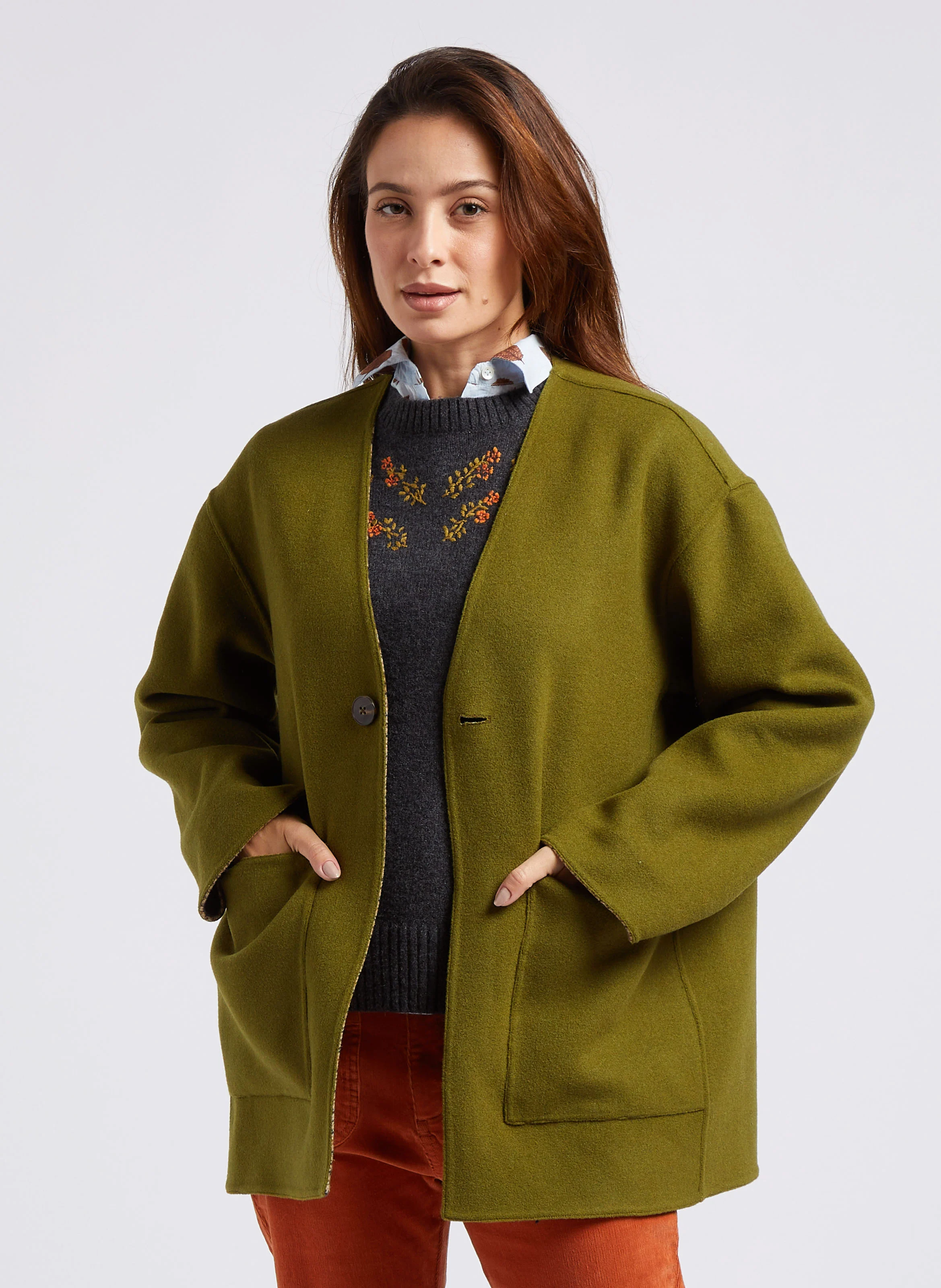 Veste réversible droite col V en laine mélangée | Kaki