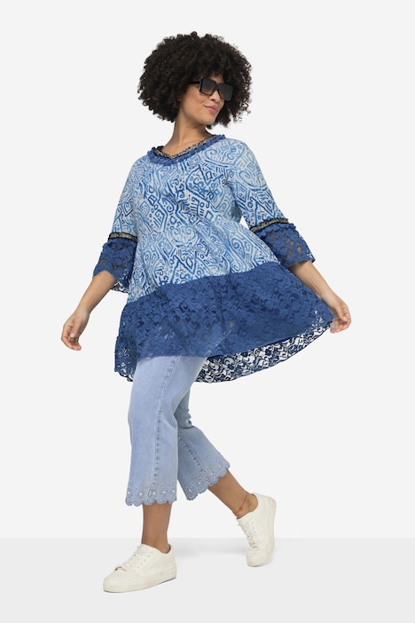 Tunika, A-Line, Voile, Alloverdruck, Spitzen-Volants