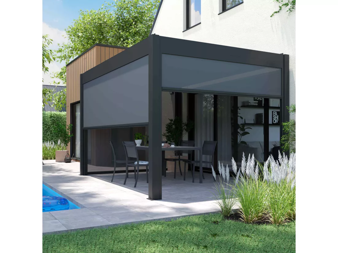 Pergola bioclimatique 3x4m autoportée avec 1 store 3,73 x 2,34 m